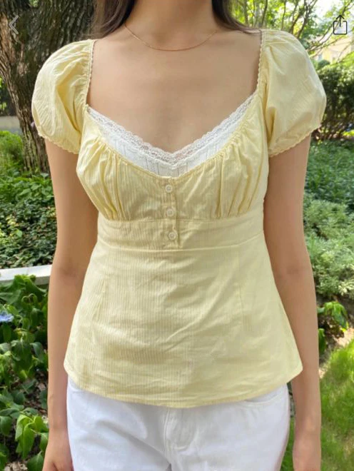 Lace Trim Yellow T-Shirt Blouse Women Summer Three Buttons Square Neck Short Puff Sleeve Cotton Shirts Sweet Cute Crop Tops New