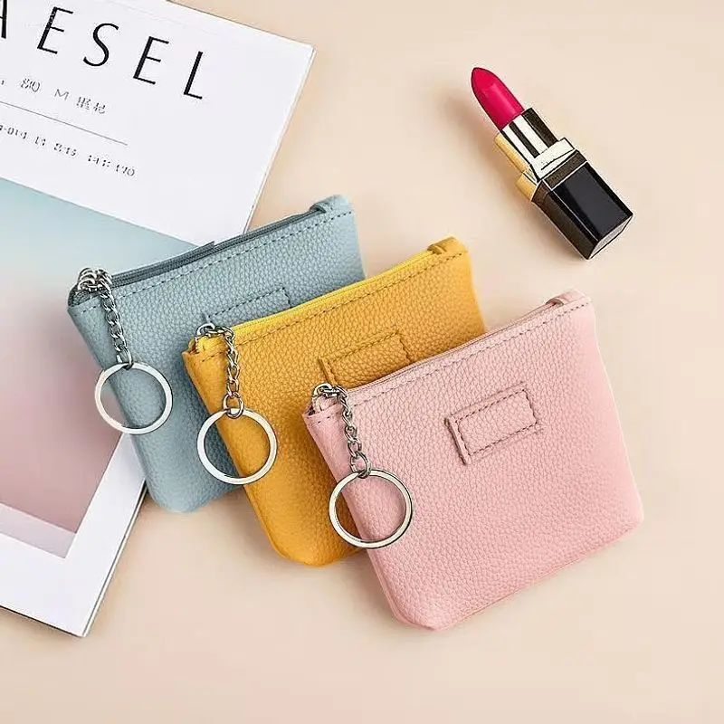 Solid Color Faux Leather Mini Coin Purse Small Zipper Wallet with Keyring Portable Earphone Storage Pouch Simple Card Holder