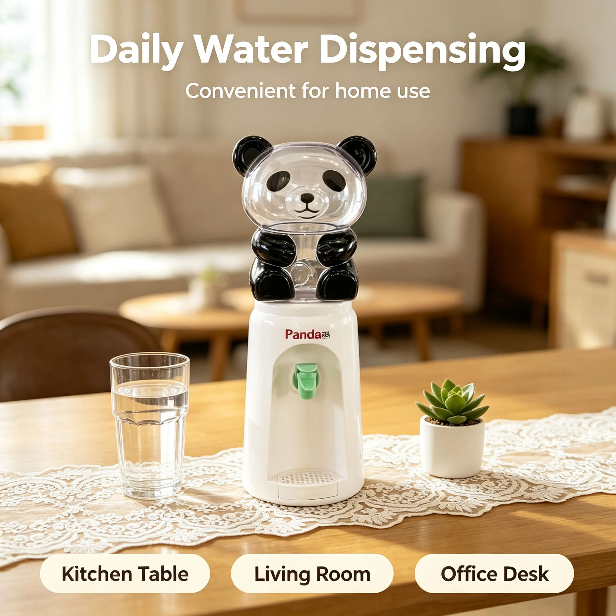 Cute Panda Desktop Water Dispenser, Manual Press Water Machine with Faucet, Mini Countertop Water Dispenser for Home Office Tabl