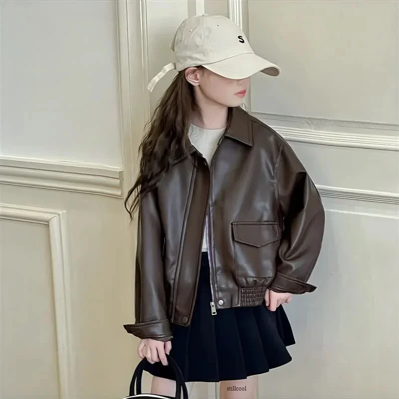 

Jacket Girls Leather PU Fashion Casual Windproof Teenage Kids Coats 2025 Autumn Brown Biker Chic Trendy Outerwear 12 13 14 Years