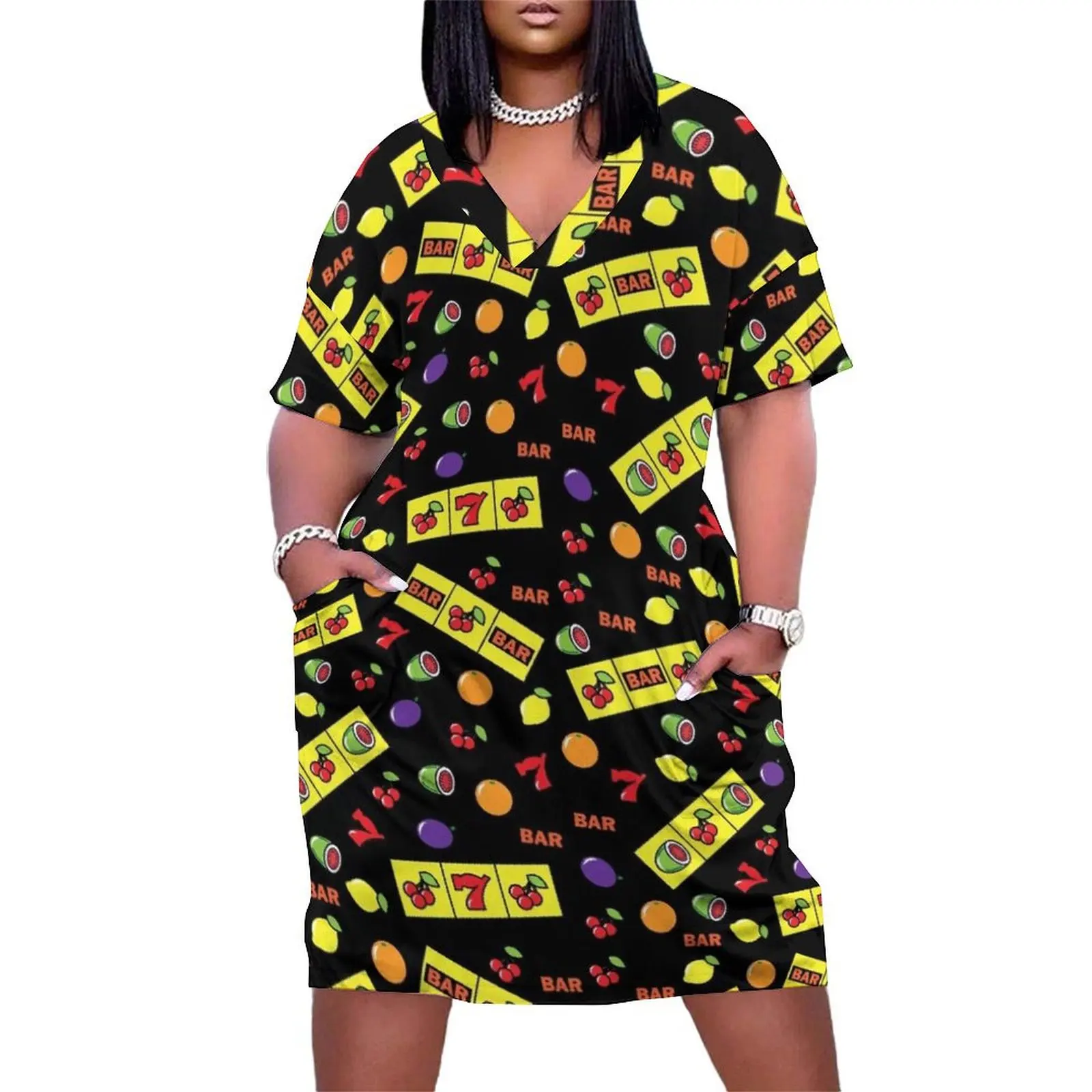 

Casino Lucky Slots Cherry Melon Lemon Fruit Pattern Loose Pocket Dress Beachwear woman dress