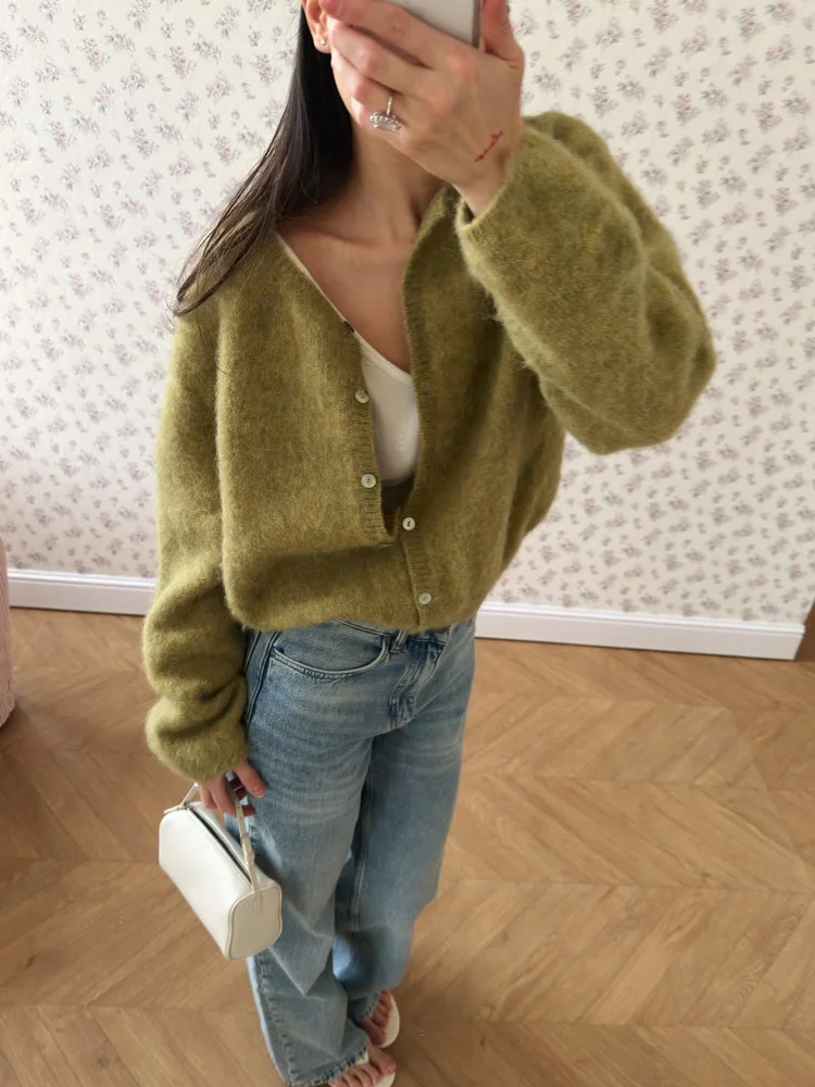 Tossy Alpaka-Strickjacke mit Knöpfen vorne, Rundhalsausschnitt, langen Ärmeln, überschnittenen Schultern, einfarbig, flauschig, weich, lässig, für Herbst und Winter.