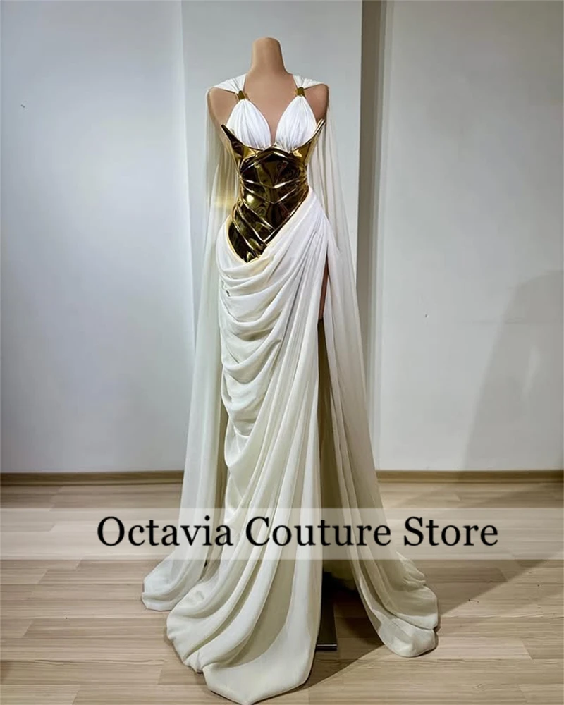 

White Wedding Dresses For Women 2025 Gold Design Formal Dress With Cape High Slit Bridal Gown Customized Robe De Bal