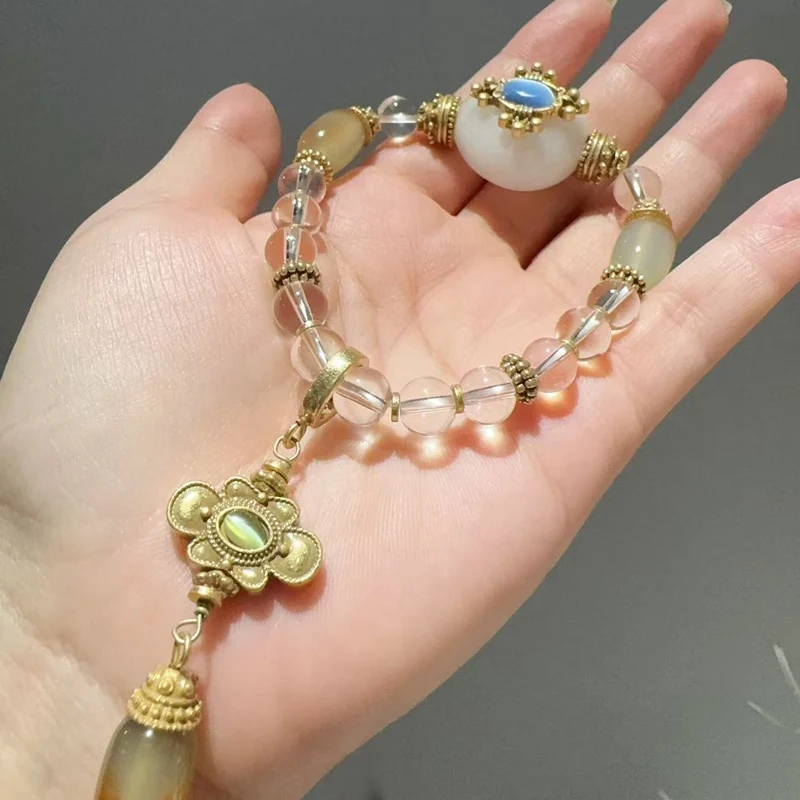 

Vintage White Jade Bracelet Natural Stone Chinese Style Gold Color Glass Beads Charm Bee Accessories Luxury Designers Jewelry