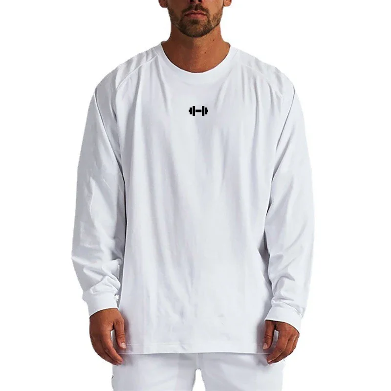 Dumbbells Oversized Long Sleeve Running T-shirts Mens Spring Autumn Fitness T Shirt Streetwear Loose Gym Clothing Workout Tops