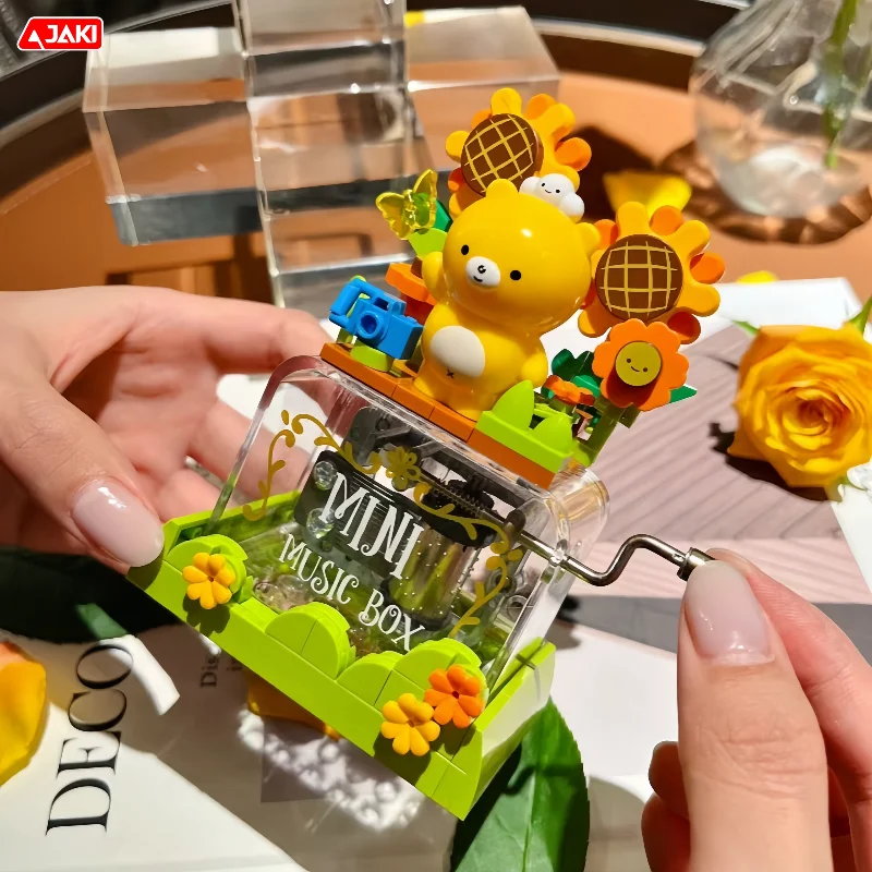 กล่องดนตรีหมี JAKI รุ่นเดวิด แบบหมุนมือ ชุดตัวต่อบล็อก ของเล่นสะสม ของตกแต่ง ของขวัญวันหยุดสำหรับเด็ก