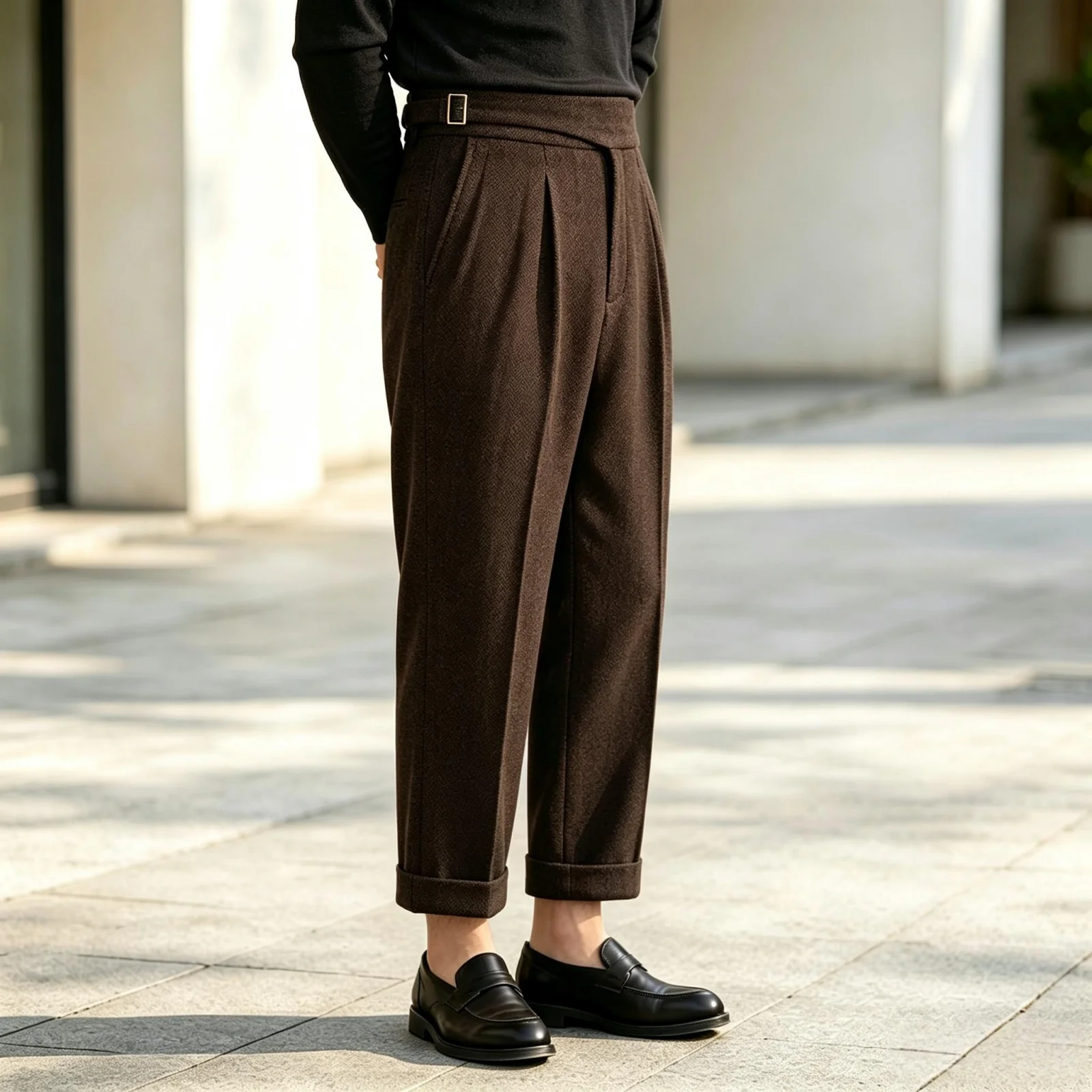 In Stock Men Gurkha Wool Blend Pants Herringbone Tweed High Waist Adjustable Buckle Pleated Cropped Trousers Men Formal Business