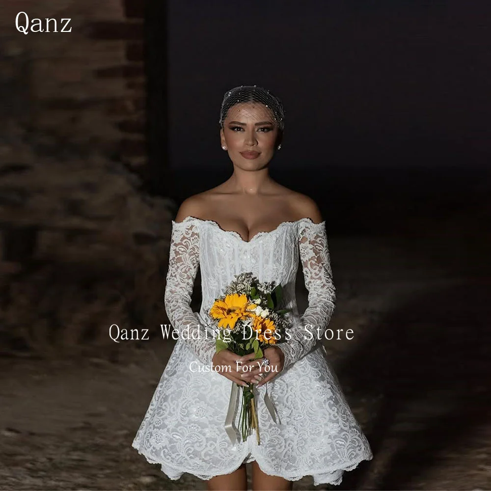 

Qanz Exquisite Appliques Wedding Party Dresses Full Lace Off The Shoulder Mini Vestidos De Novia Boda Robe De Mariée Customized
