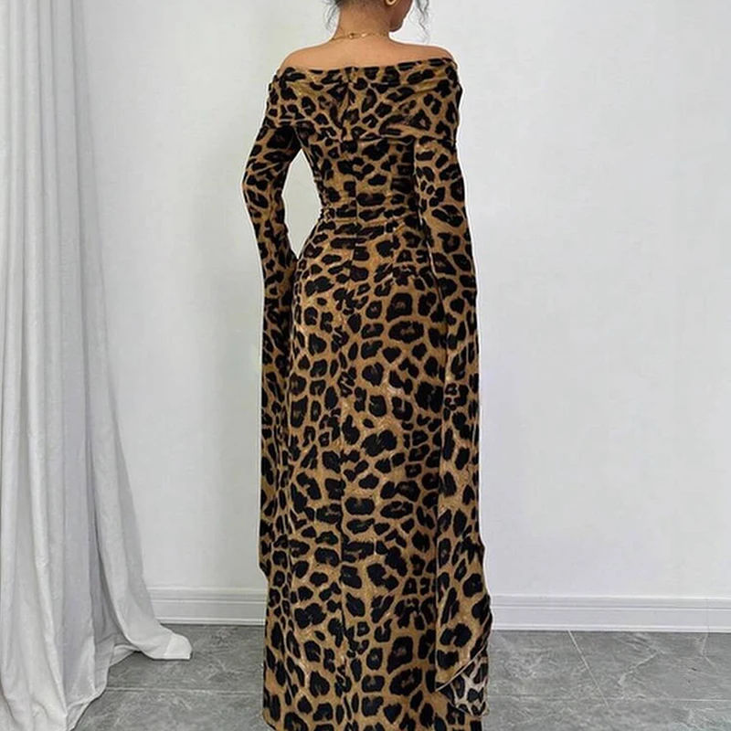 2024 Sexy Split Long Sleeve Slim Party Dress Women Fashion High Waist Bodycon Dress Elegant Slash Neck Leopard Print Long Dress