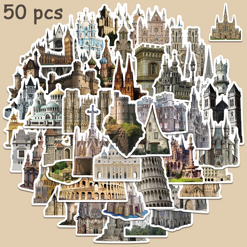 

50pcs Retro Medieval Castle Architecture Sticker For Diary Luggage Guitar Envelope Label Notebook iPad DIY Decoration Sticker