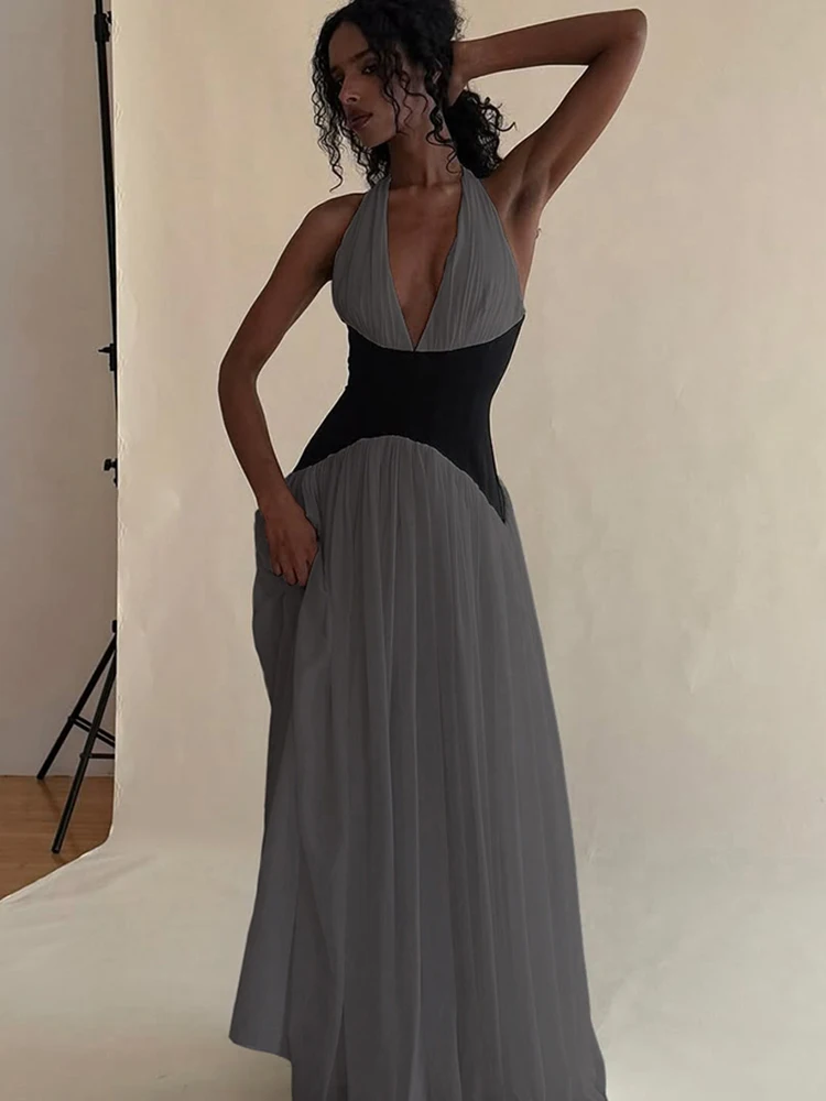 Nibber Temperament Contrast Patchwork Dress Women Halter Low-Neck Backless Ruched Ruffles Hem Vacation Beach Party Long Bodycon - Image 4