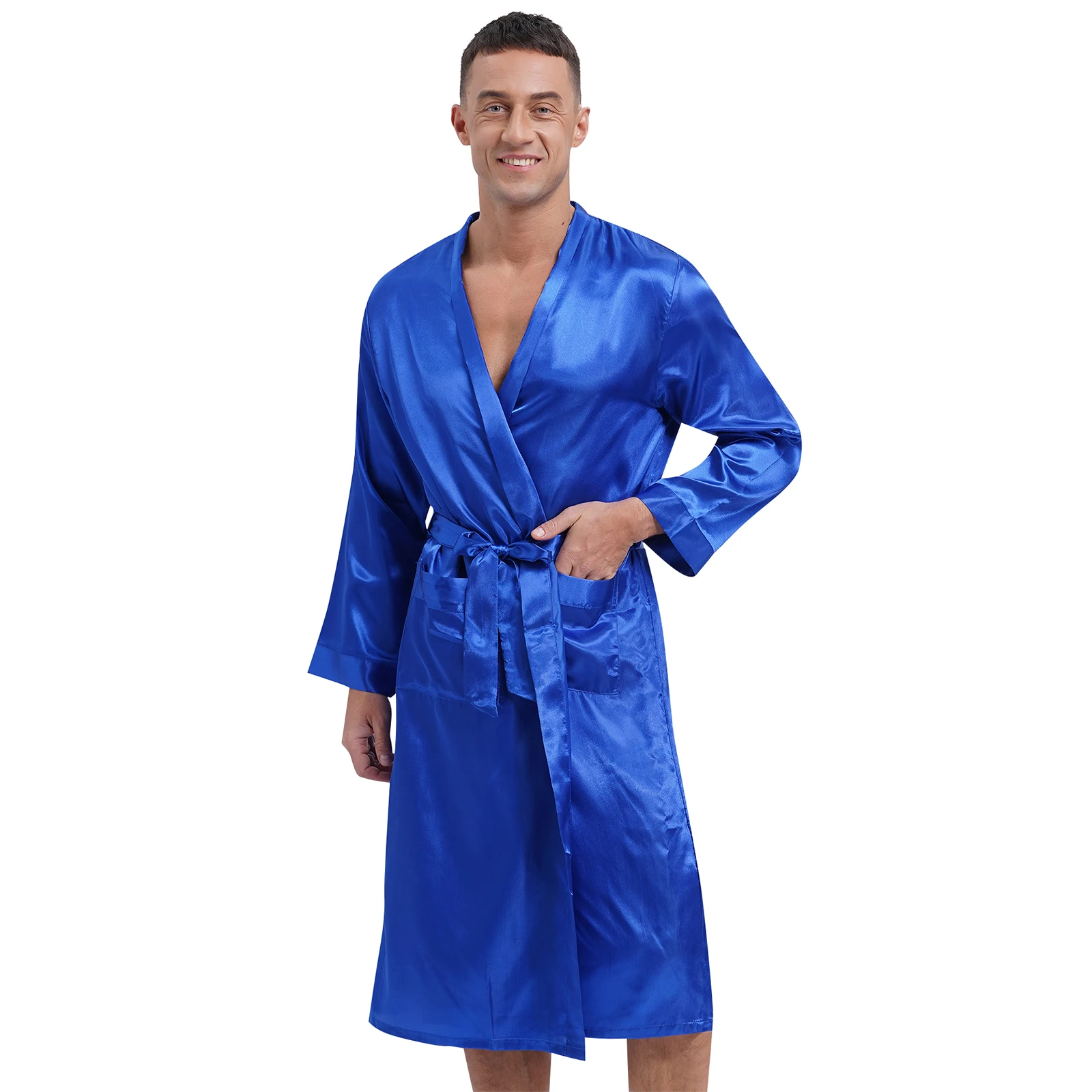 Albornoz de satén de manga larga para hombre, bata de noche frontal abierta con cinturón de cintura, bolsillos laterales, Kimono, ropa de dormir