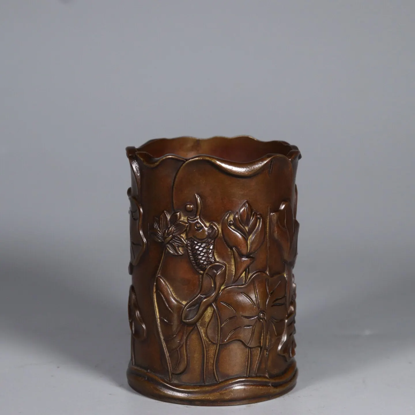 Antique Solid Brass Lotus Pen Holder Retro Patina Desk Decoration Home Office Craft Ornament