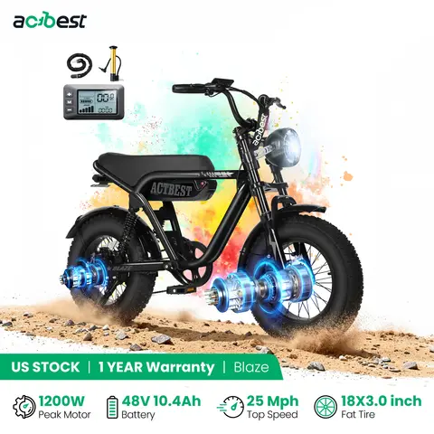 ActBest Blaze Electric BiNke, 16" Fat Tires Electric Mountain Bike, 1200W Peak Motor 48V 10.4Ah, 25 MPH 55Mi Range Off-Road Ebike with Full Suspension, with Free Bike Lock