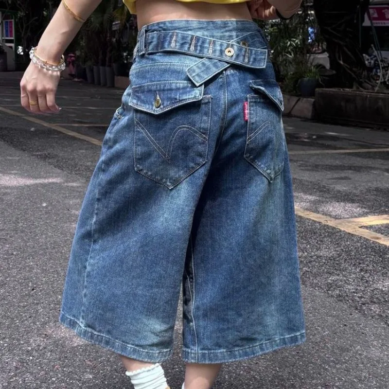 Vintage American High Waist Adjustable Buckle Jeans Women Soft Distressed Light Blue Capri Denim Pants 2026 Casual Daily Wear view 6
