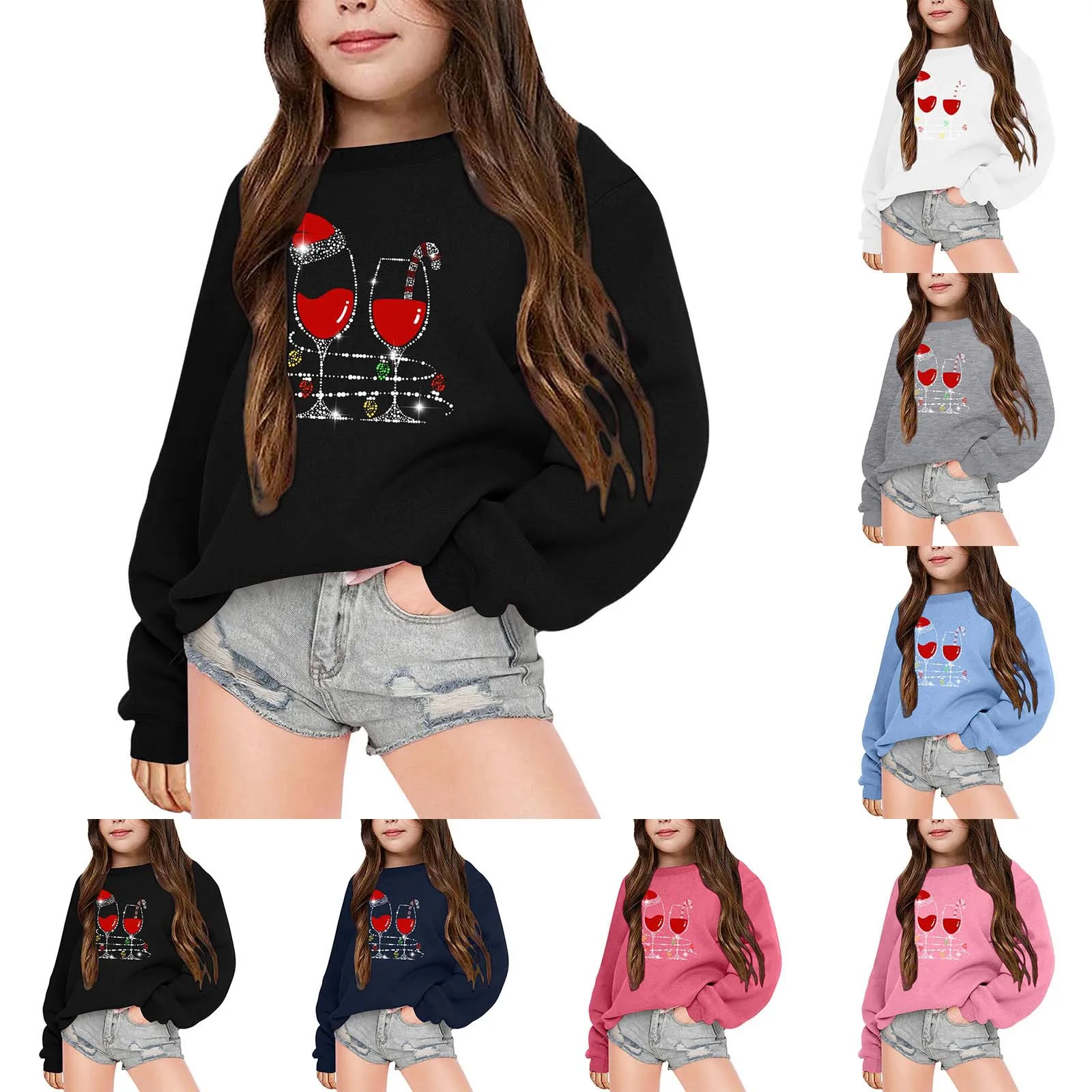 

Christmas Novel Wine Glass Printed Children's Sweatshirt, Autumn and Winter Children's Casual and Warm Sweatshirt Round Neck Top