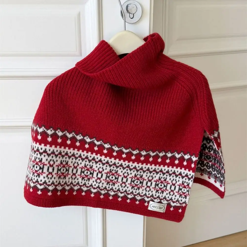 

Simple Pullover Fair Isle Style Knitted Shawl Warm Thicken Jacquard Scarf Cloak Split High Neck Cape Autumn