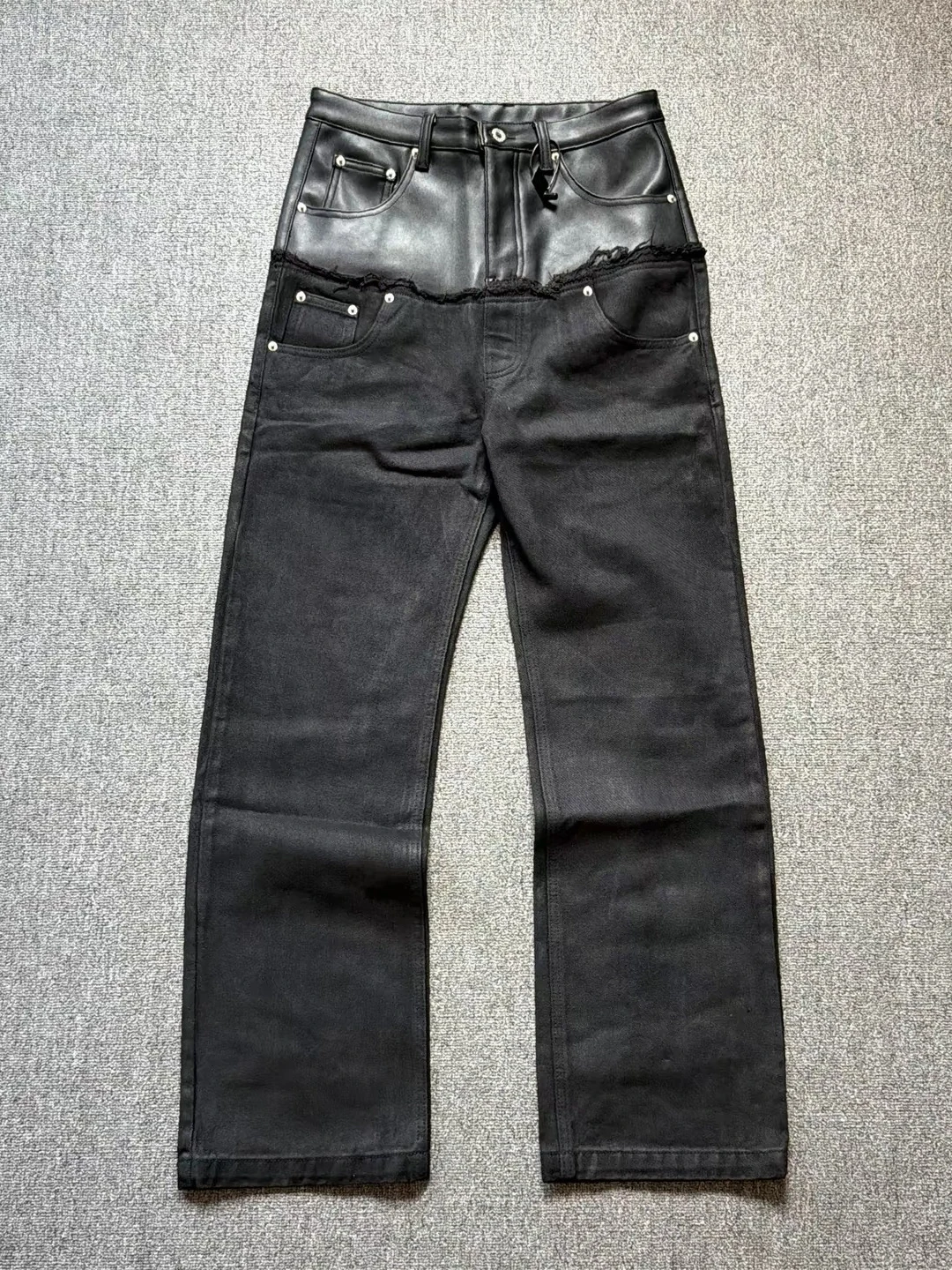Double Waist PU Leather Splicing Frayed Coated Denim Pants Straight Leg Jeans for Men And Women Casual Loose Fit All Seasons