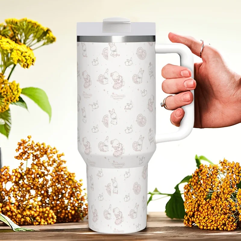 40oz White Minimal Bow Dot Print Stainless Steel Tumbler with Handle Portable Thermal Tumbler for Commute