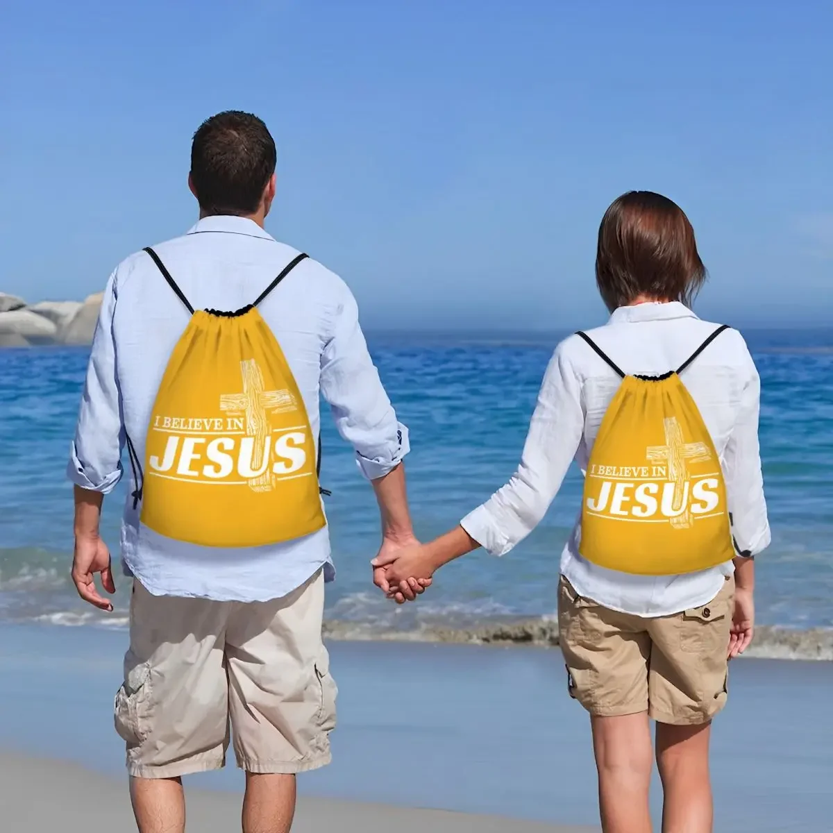 Sacos de cordão personalizados para treinamento, mochilas de ioga, ginásio, esportes de fé cristã, acredito em Jesus Cristo, mulheres e homens