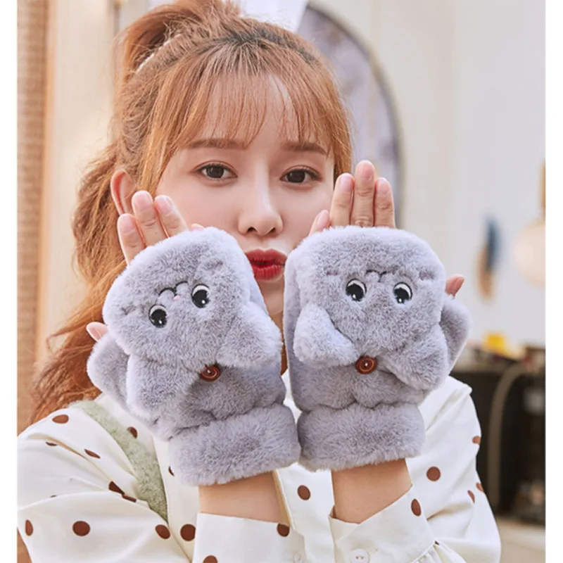 Cartoon Bear Cat Rabbit Gloves Fur Glove Women Winter for Women Girls Animal Ear Fold Plush Glove Fingerless Thicken Warm Mitten