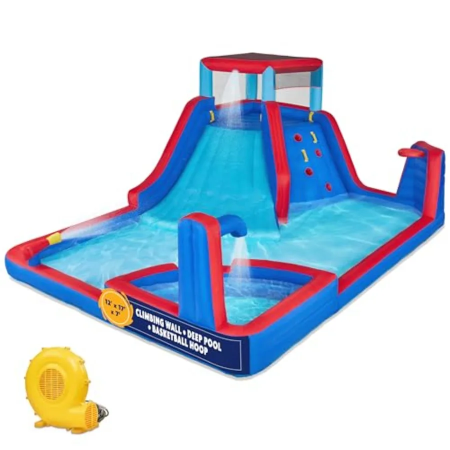 

Four Corner Inflatable Water Slide Park with Climbing Wall and Deep Pool Heavy-Duty Outdoor Water Playground in Blue Easy Setup