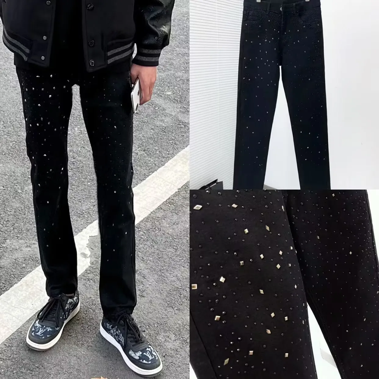 

Мужские джинсы Bla Rhinestone Slim Fit, повседневные, синие, с застежкой на молнии, средней посадки, универсальные, модные, из денима, комплект из девяти предметов