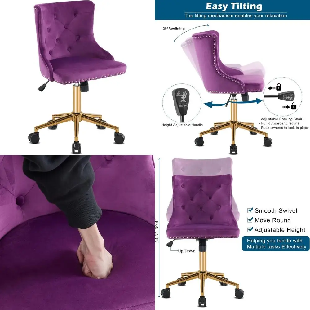 

Элегантный фиолетовый офисный стул без подлокотников с золотым основанием/колесиками, компактный очаровательный туалетный стул со спинкой для спален, Padde