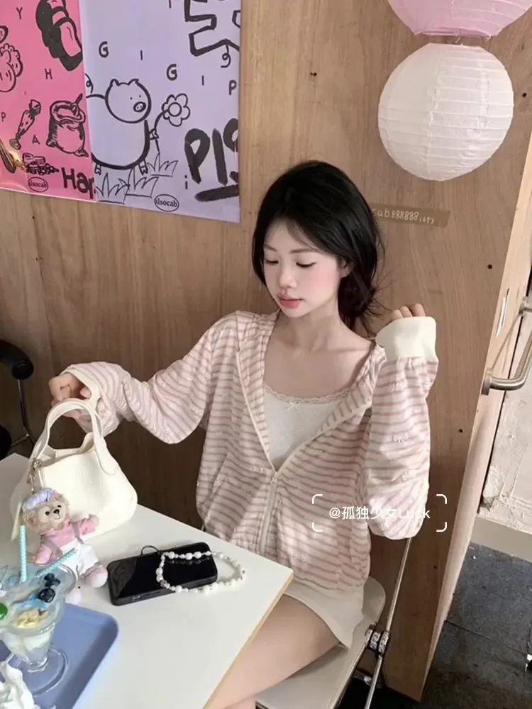 Sweet Pink Striped Bow Print Cardigan Coat Women 2025 Early Autumn New Hoodie Tops Mujer Y2k Long Sleeve Zip  Sweatshirts