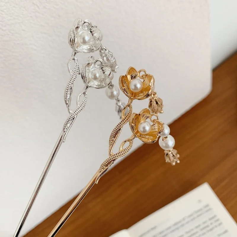 Japan Women Hair Stick Simple Elegant Flowers Metal Pearl Girls Hair Clip Hair Sticks Hair Accessories 2022 New Hair Clips Gift