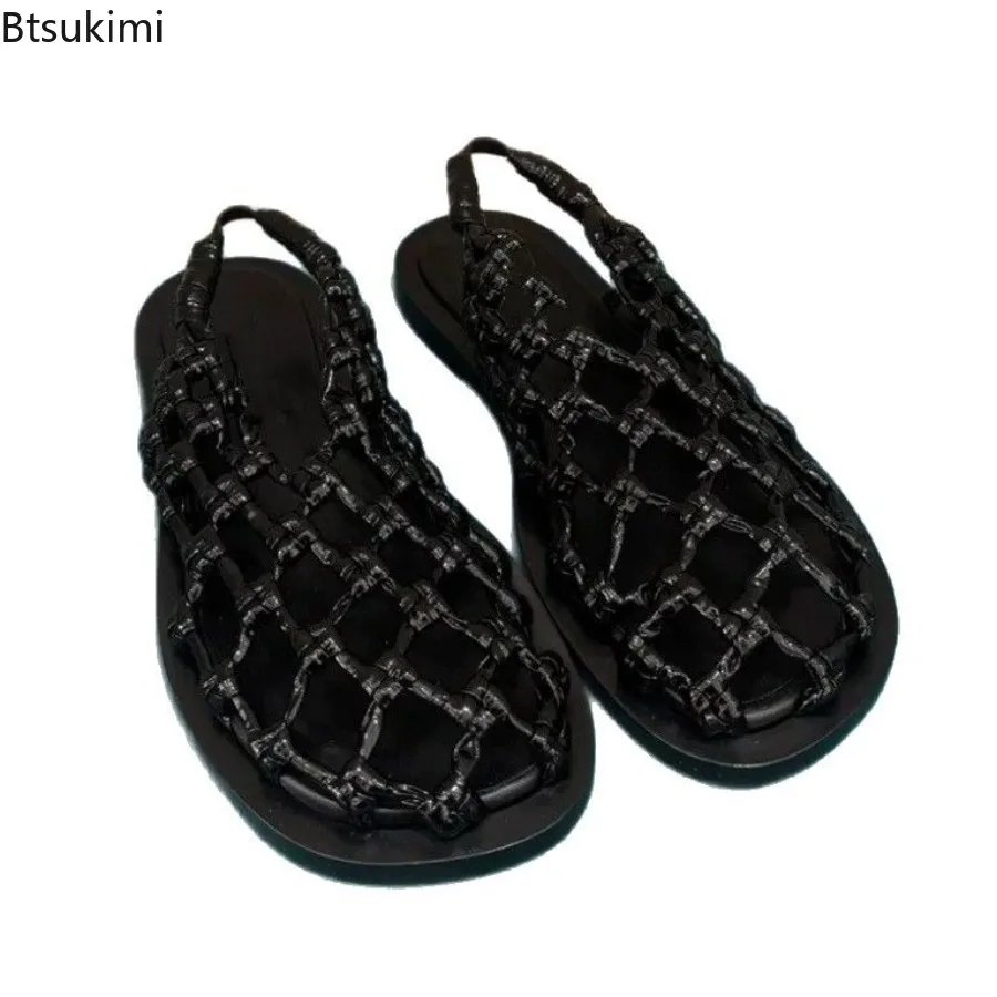 New Fashion Women's Summer Weaving Hollow Out Flat Heels Leather Fishnet Slippers Elegant Comfortable Casual Dress Mules Sandals view 6