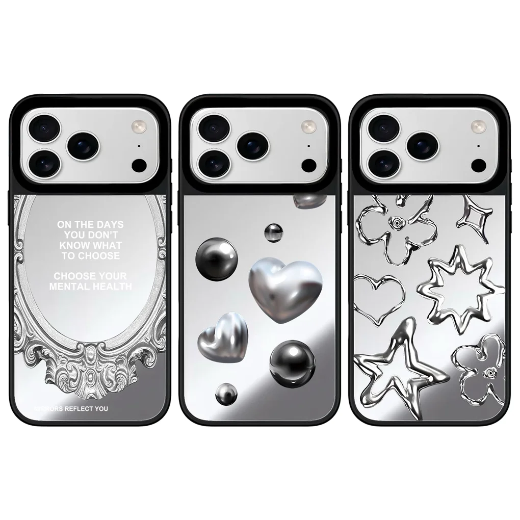 

Silver Star Heart Mirror Surface Black Border Magnetic Phone Case Cover for IPhone 12 13 14 15 16 17 Pro Max Case