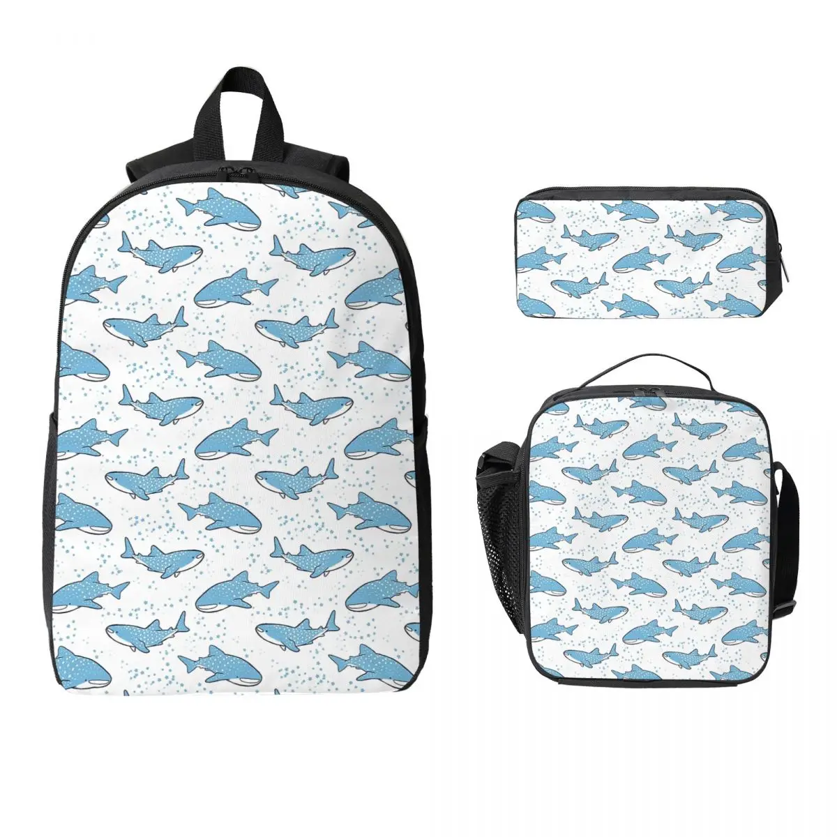 Starry Whale Sharks Backpack Boys Girls BookBag School Bag Laptop Shoulder Bags 3ps Insulated Lunch Bag Pencil Case