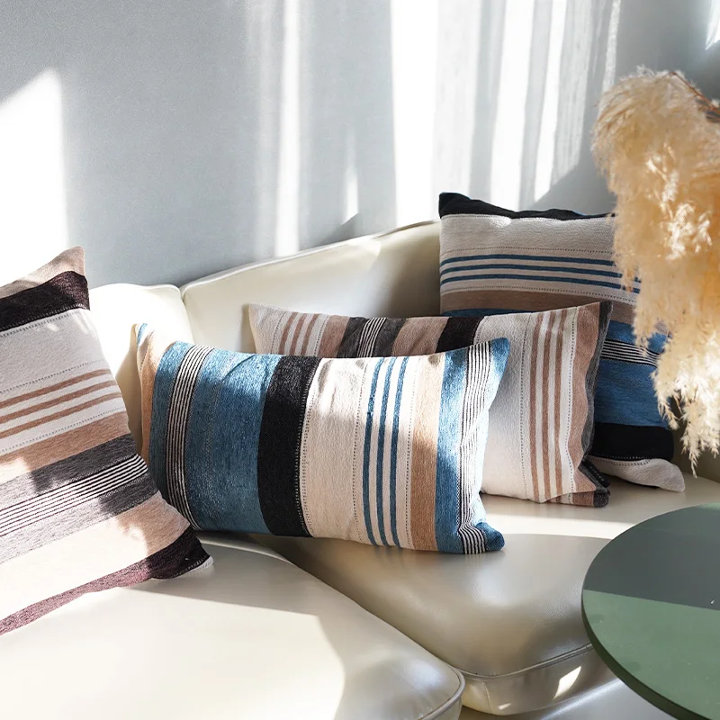 Stripe Pillows Blue Brown Cushion Case Luxury Chenille Decorative Pillow Cover For Sofa Chair Home Decorations