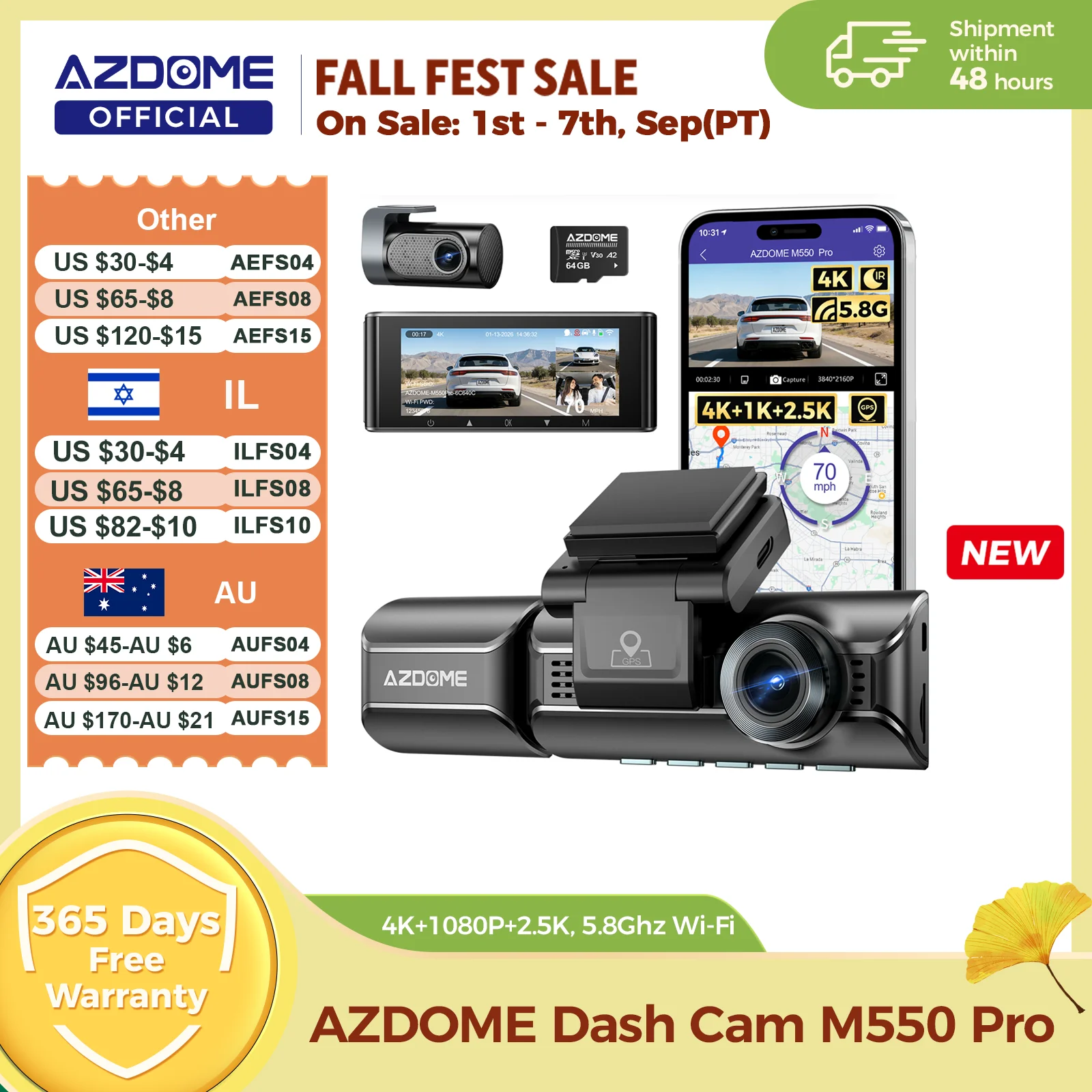 Image of Upgrade AZDOME M550 Pro Dash Cam 4K Front Dashcam Auto 5,8 GHz Wi-Fi GPS G-sensor Auto DVR 6 IR Nachtsicht Parkplatz Monitor