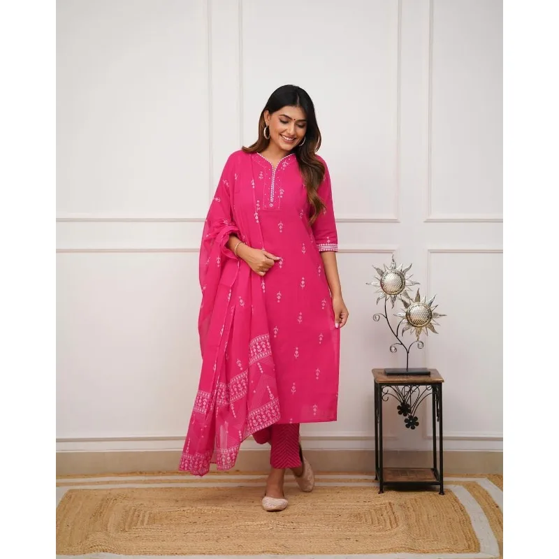 Fully Stitched Pink Straight Salwar Suit Kurti Pant & Dupatta Pakistani Dress