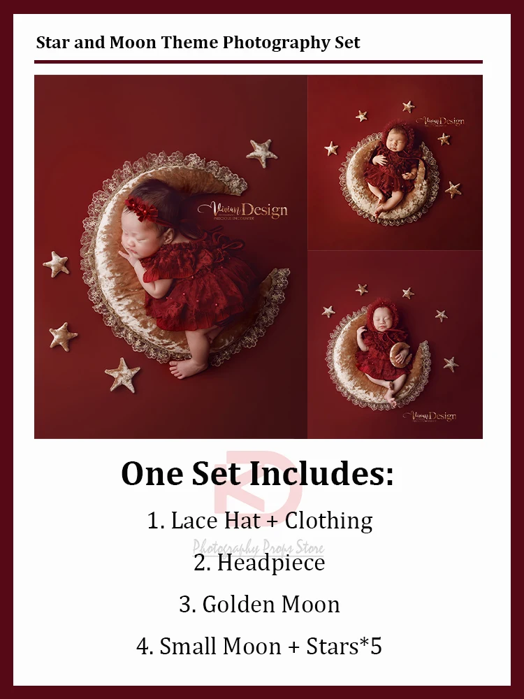 신생아 사진 소품 0-1개월 아기 소녀 레이스 롬퍼 드레스 별 장식이 있는 달 베개 스튜디오 배경 사진 촬영 액세서리
