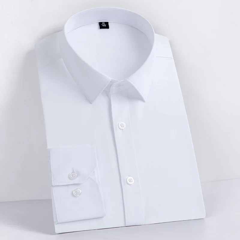 Men Formal Shirt Long Sleeve Office Solid Color Anti-Wrinkle Long Sleeve Shirt Men Casual Fashion Business Office White Shirt