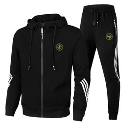 Men's Stone Outdoor Printed 2-piece Set Sportswear Zipper Hooded Sweatshirt+Pants Gym Running Men's Clothing New Sportswear