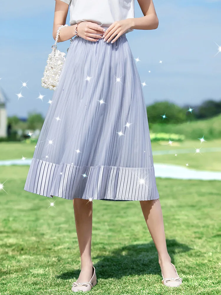 I BELIEVE YOU Solid Korean Style Skirt Summer Bright Silk Elastic Waist Pleated  Aline Skirt Calf-Length Woman Skirts 2222024511