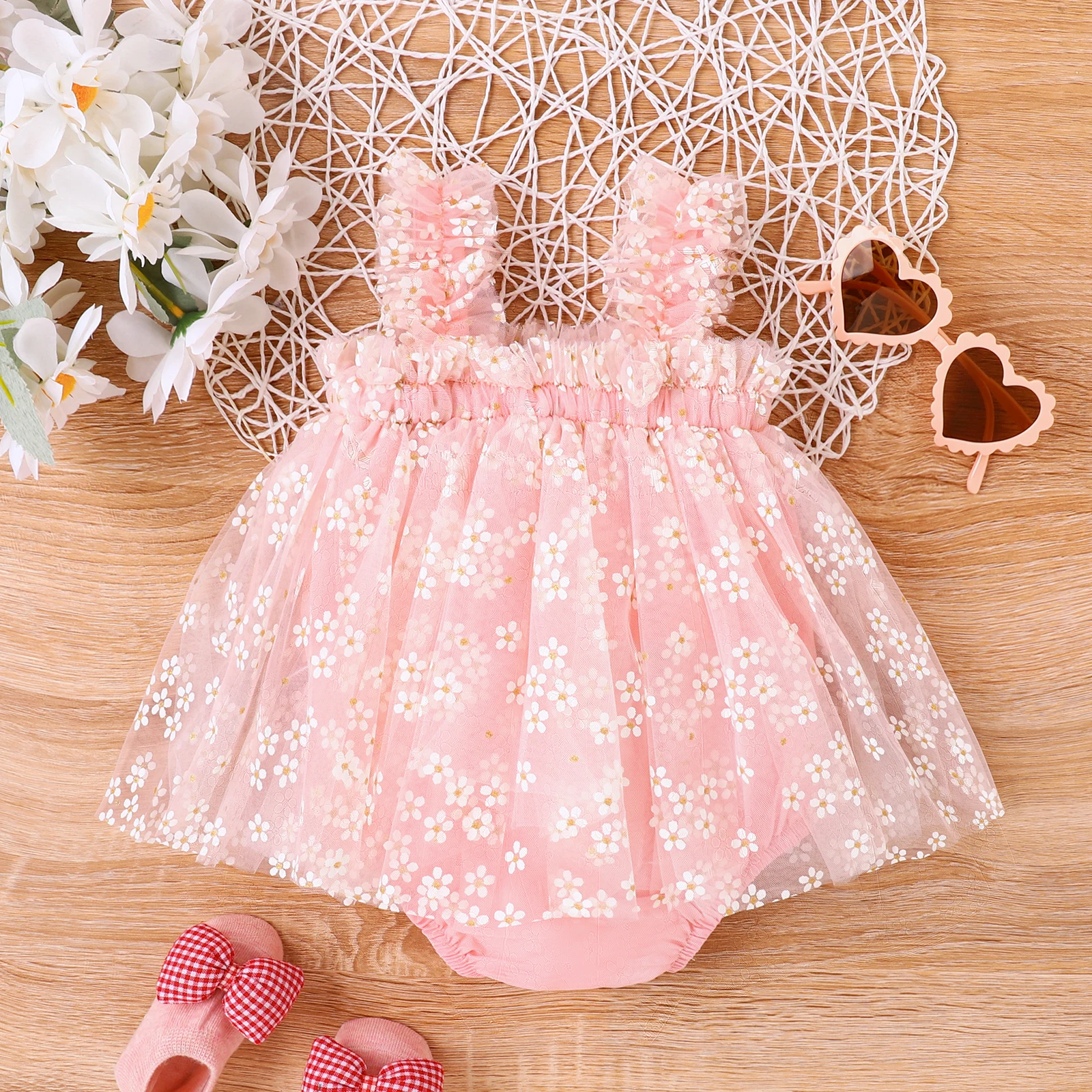 Summer 0 To 1 Years Old Baby Girls Comfortable Cool And Beautiful Girls Decorated With Flowers Pink Mesh Halter Skirt Ha Dress