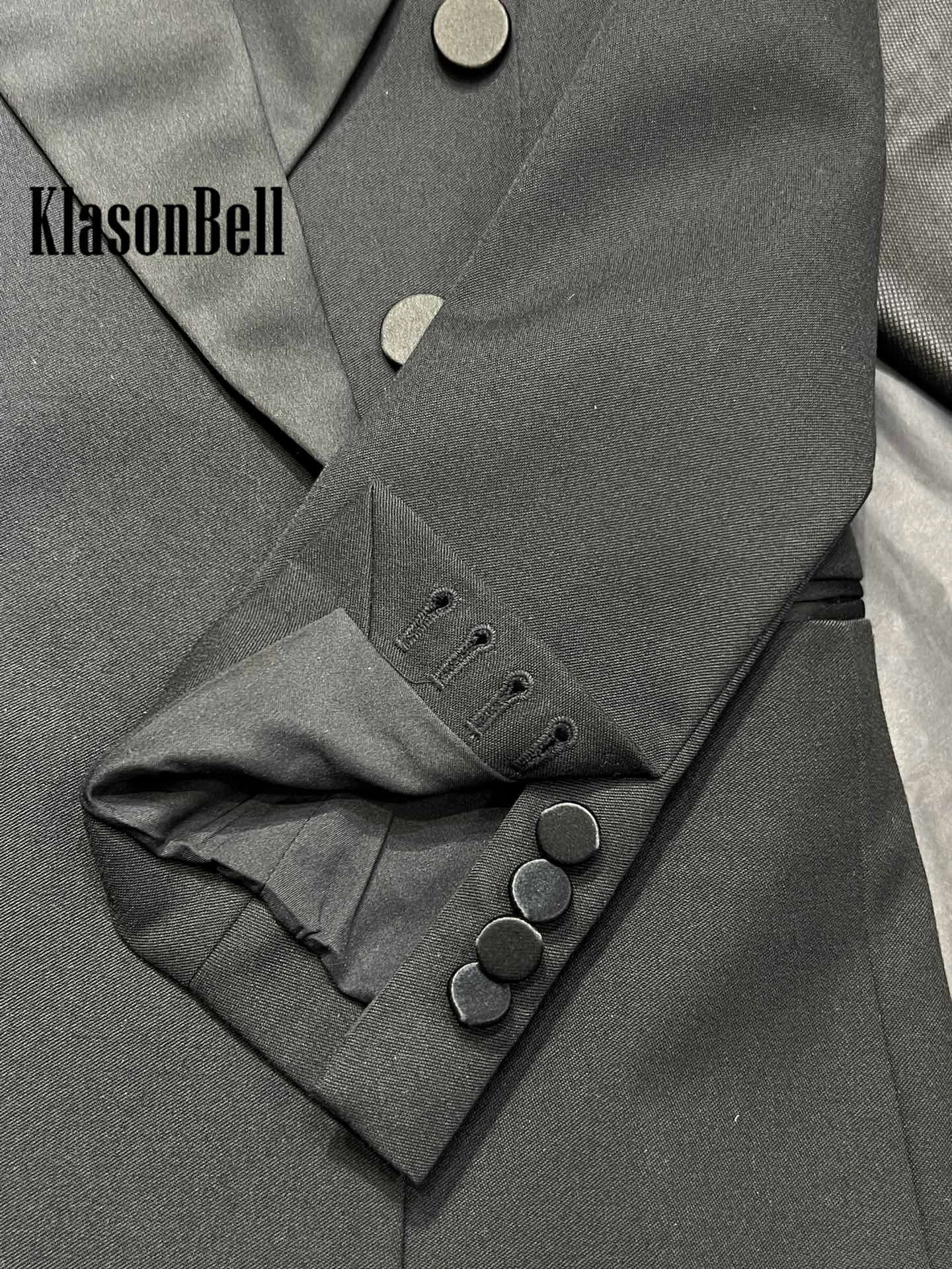 12.5 KlasonBell-Double Breasted Casual Blazer for Women, Classic Satin, Spliced Lapel, Fashion