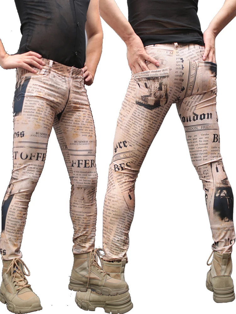 

M-4XL Old Newspaper Letter Prints Milk Silk Jeans Elastic Pencil Pants Tights Legging Joggers Fahion Trousers Pantalon Spodnie