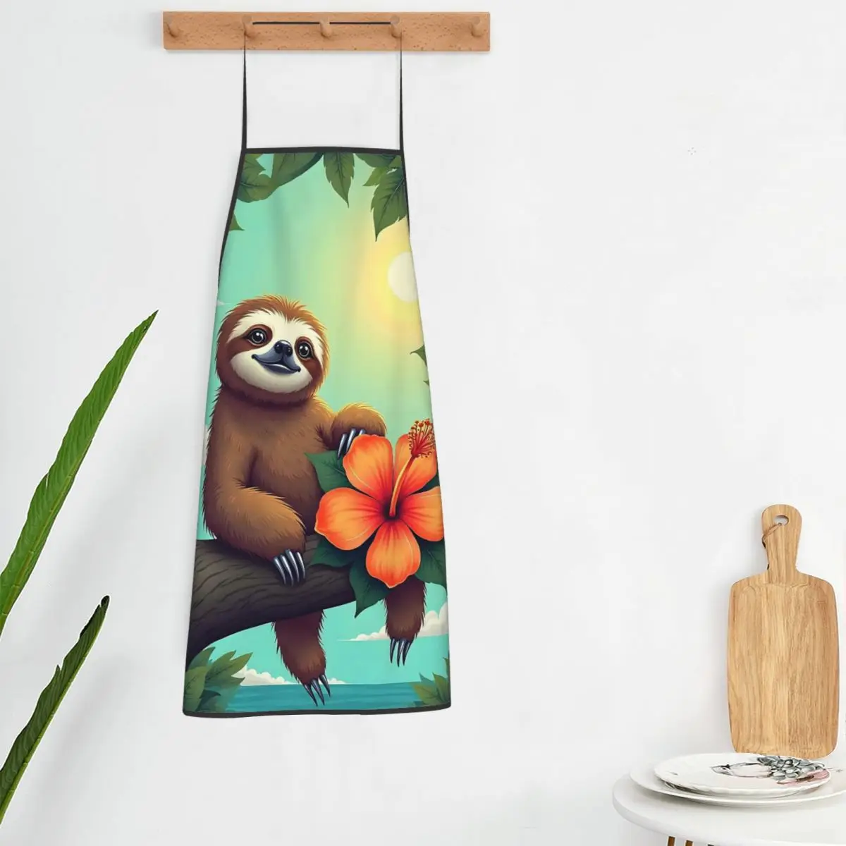 Whimsical Sloth On Tropical Leaf Aprons Chef Cooking Baking Tablier Bib Kitchen Cleaning Pinafore for Women Men Gardening