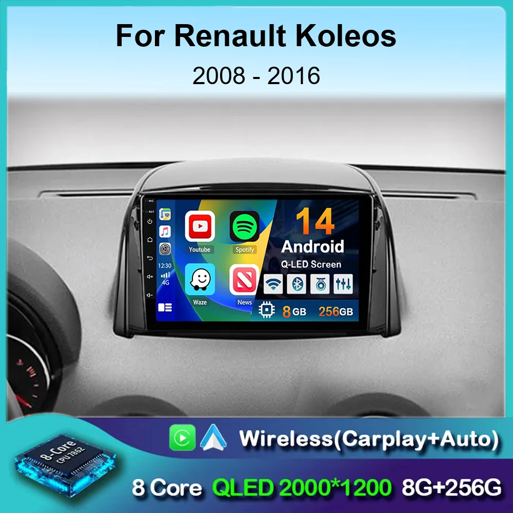 

Android 14 Carplay Auto WIFI+4G For Renault Koleos 2008-2016 Car Radio Multimedia Video Player Navigation GPS 2din Stereo Audio