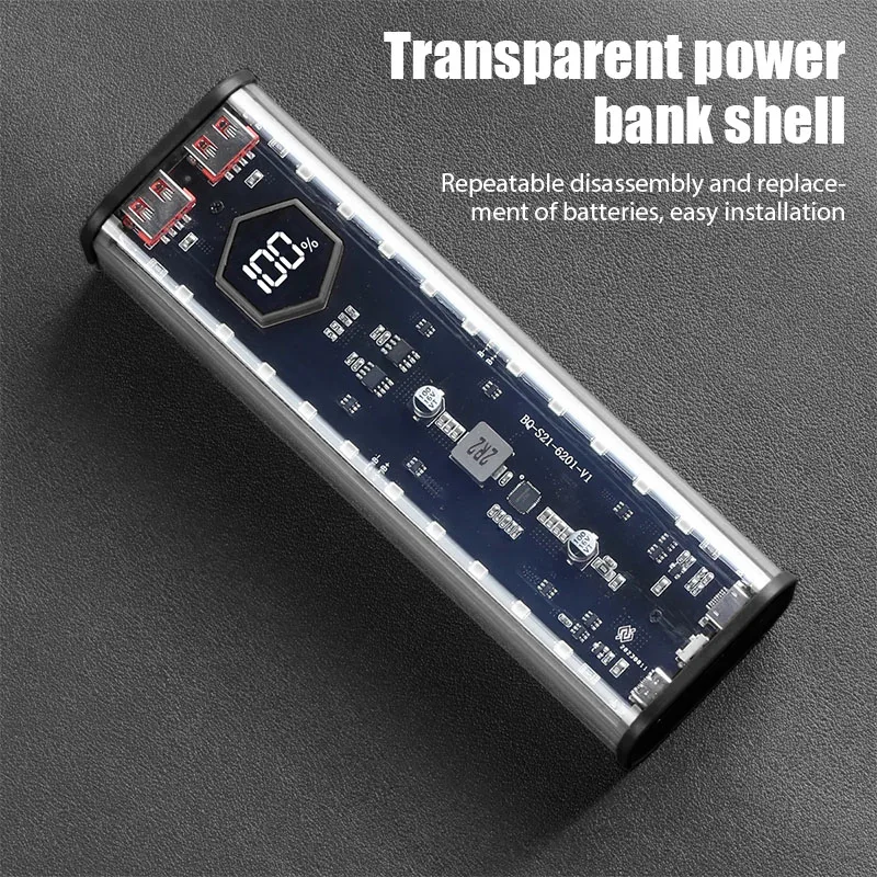 Transparent 4-Port 22.5W Fast Power Bank Solder-Free 4-Cell 21700 Battery Case Portable PD Battery Storage Box with OutdoorLight