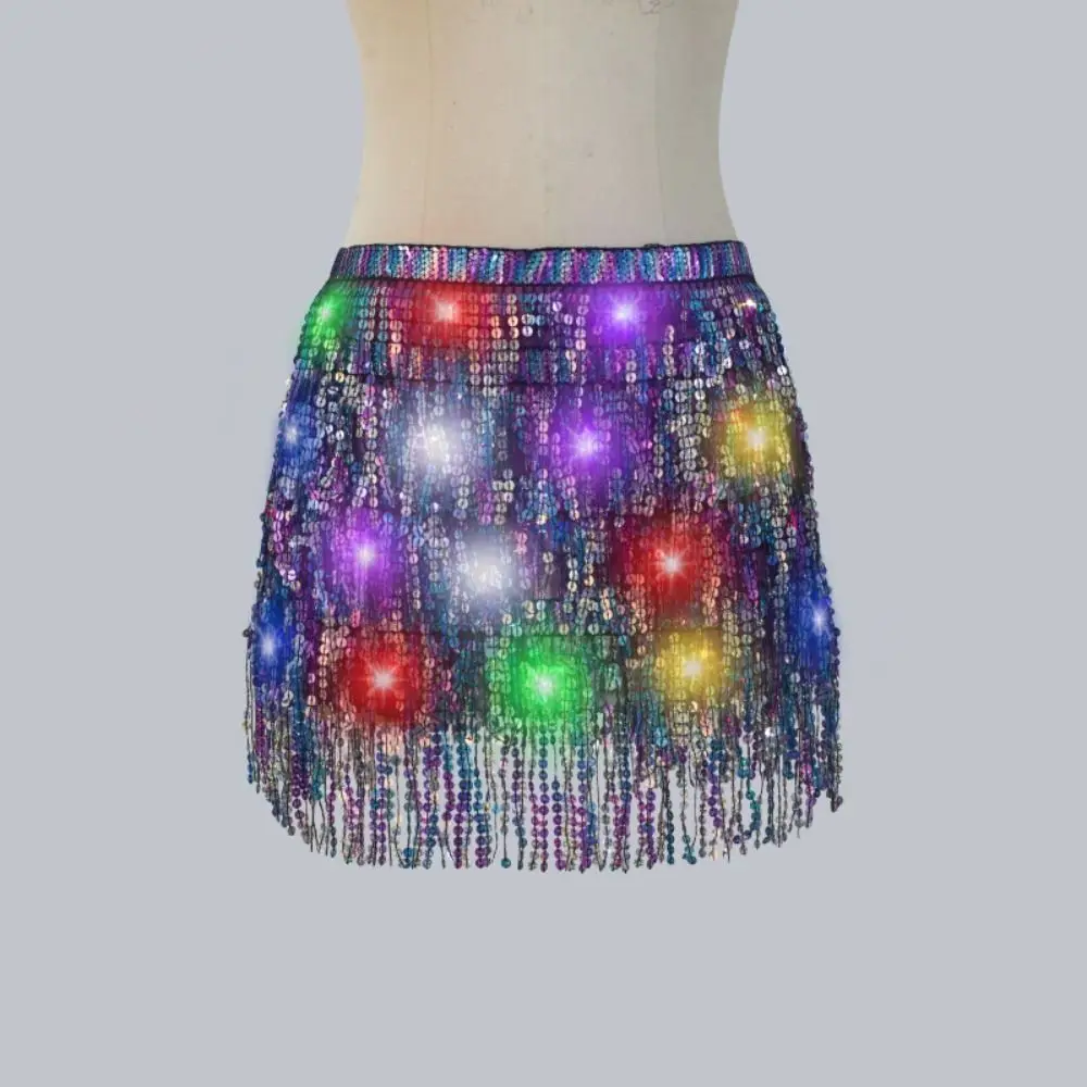 ベルト巻きベリーダンスヒップスカーフ光沢のあるレースアップLEDスパンコールタッセルスカートスターフリンジナイトクラブライトアップヒップスカーフフェスティバル