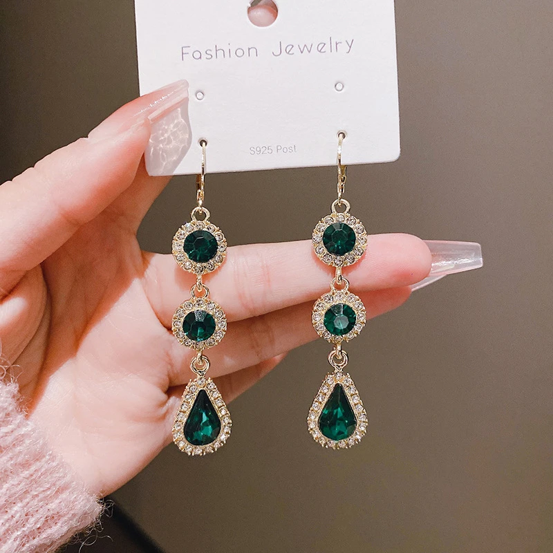 Vintage Green Rhinestone Crystal Drop Earring For Women Purple Zircon Water Droplet  Long Tassel Geometric Earring Charm Jewelry