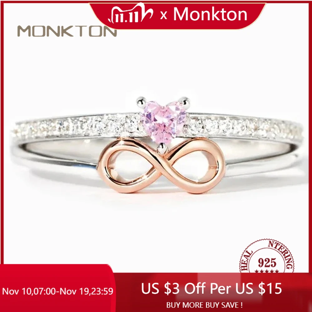 

Monkton S925 Silver Fashion Infinity Love Rings for Women Romantic Wedding Zircon Jewelry Pink Heart Promise Ring Anillos Mujer