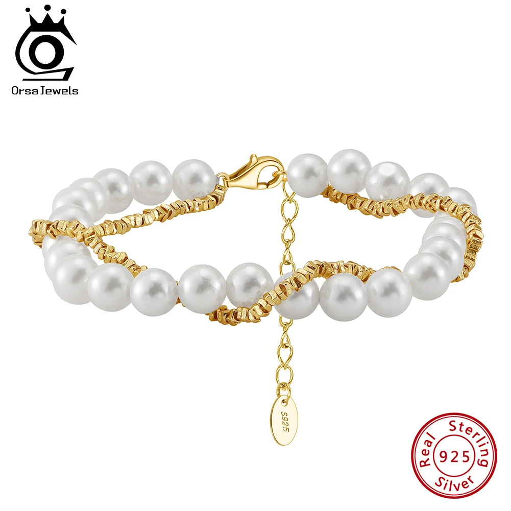 

ORSA JEWELS Freshwater Pearls Double Layered Chain Bracelet Classic 925 Silver Beads Bracelet for Women Engagement Jewelry PSB03